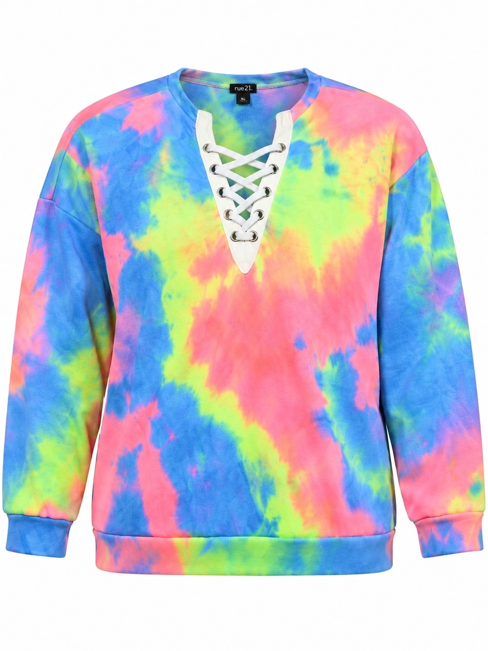 RUE21 | Boxy Neon Rainbow Tie Dye Lace Up V-Neck Sweatshirt Pullover | XL
